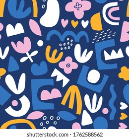Seamless pattern with modern abstract art design: paper cuts in bright colors. Contemporary collage wall art, flyer, newsletter, magazine cover, packaging, textile and branding design.