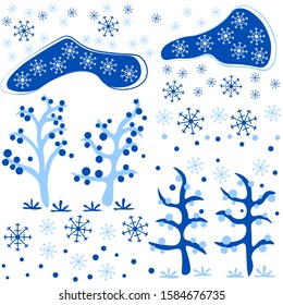 Seamless pattern with modern abstract blue winter art, trees, clouds, snowflakes. Repetitive vector illustration on white background. EPS 10.
