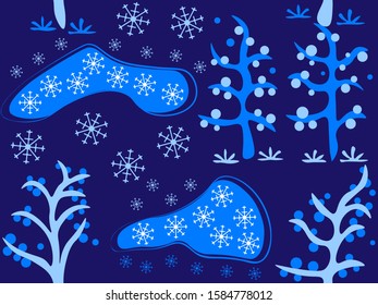 Seamless pattern with modern abstract blue winter art, trees, clouds, snowflakes. Repetitive vector illustration. EPS 10.