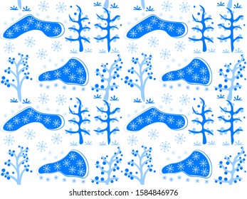 Seamless pattern with modern abstract blue winter art, trees, clouds, snowflakes. Repetitive vector illustration on white background. EPS 10.