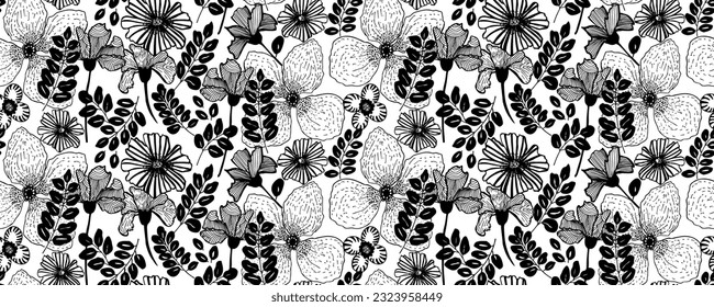 Seamless pattern modern abstract exotic leaves and flowers. Hand drawn vector botanical background.  Black  ink illustration with floral motif.