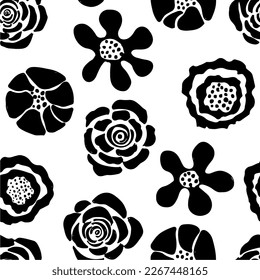 Seamless pattern modern abstract flowers rose, aster, chamomile.  Hand drawn vector botanical background.  Black  ink illustration with floral motif.