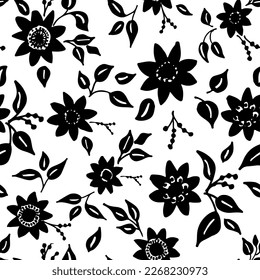 Seamless pattern modern abstract flowers rose, aster, chamomile with beautiful leaves.  Hand drawn vector botanical background.  Black  ink illustration with floral motif.