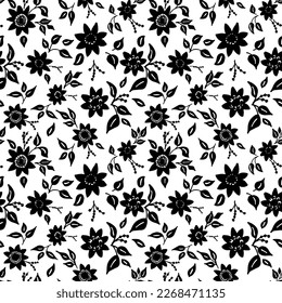 Seamless pattern modern abstract flowers rose, aster, chamomile with beautiful leaves.  Hand drawn vector botanical background.  Black  ink illustration with floral motif.