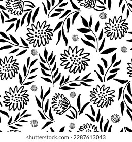 Flores abstractas modernas y sin inconvenientes y hojas chamóiles.  Fondo botánico vector dibujado a mano.  Ilustración de tinta negra con motivos florales.
