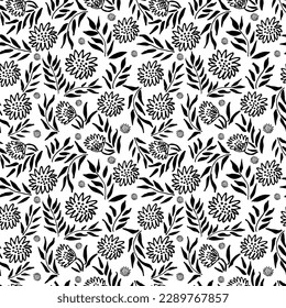 Seamless pattern modern abstract flowers and leaves chamomiles.  Hand drawn vector botanical background.  Black  ink illustration with floral motif.