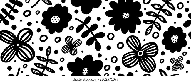 Flores abstractas, de diseño moderno, sin inconfundibles, rosa, camomila.  Fondo botánico vector dibujado a mano.  Ilustración de tinta negra con motivos florales.