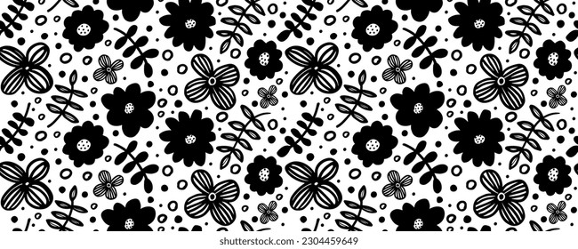 Seamless pattern modern abstract flowers rose, aster, chamomile.  Hand drawn vector botanical background.  Black  ink illustration with floral motif.