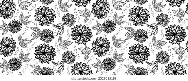 Seamless pattern modern abstract flowers and leaves asters.  Hand drawn vector botanical background.  Black  ink illustration with floral motif.