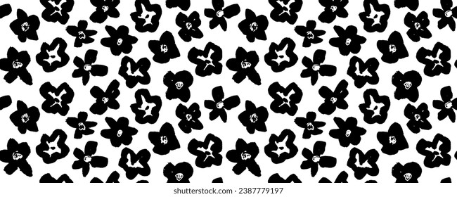 Seamless pattern modern abstract flowers chamomile.  Hand drawn vector botanical background.  Black  ink illustration with floral motif.