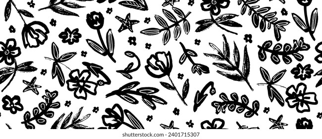 Seamless pattern modern abstract flowers rose, aster, chamomile.  Hand drawn vector botanical background.  Black  ink illustration with floral motif.