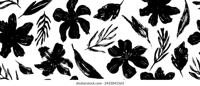 Seamless pattern modern abstract flowers chamomile.  Hand drawn vector botanical background.  Black  ink illustration with floral motif.