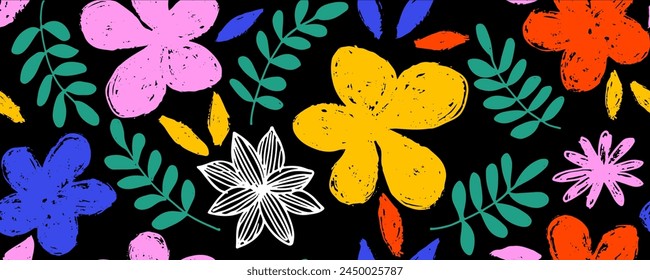 Seamless pattern modern abstract flowers chamomile.  Hand drawn vector botanical background.  Color  ink illustration with floral motif.