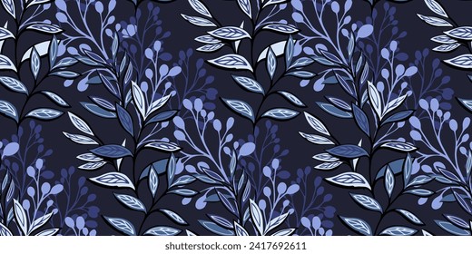 Seamless pattern with modern, abstract large leaves and silhouettes branches. Vector hand drawn. Stylized shape floral leaf printing. Dark blue creative botanical background. Template for design
