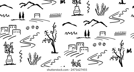 Nahtloses Muster moderne abstrakte monochrome Wandkunst Landschaft, Orangenbaum, Oliven, Bauernfeld, Häuser, Zypressen, Büsche, Berge. Einfache Vektorillustration, handgezeichnet