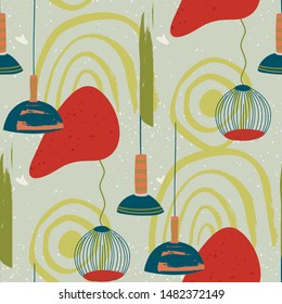 Seamless pattern with modern abstract vector illustration - lamp and hand painted shapes. Flat and Hand drawn brush ink textured interior exterior art. Artistic home and cafe decor.