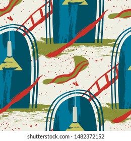 Seamless pattern with modern abstract vector illustration - door lamp and hand painted shapes. Flat and Hand drawn brush ink textured interior exterior art. Artistic home and cafe decor.