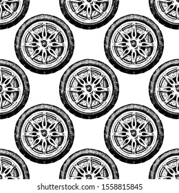 Seamless pattern with modern alloy wheel, ink hand drawn illustration.