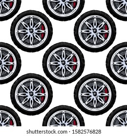 Seamless pattern with modern alloy wheel, ink hand drawn color illustration.
