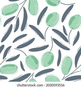 Seamless pattern of modern blue olives with leaves. Flat illustration.