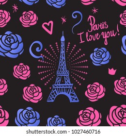 Seamless pattern. Modern Bright design for kids girls. Paris I love you. Illustration ink Eiffel Tower and roses. Hand-drawing. Vector isolated on black background.