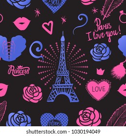 Seamless pattern. Modern Bright design for kids girls. Paris I love you. Illustration ink Eiffel Tower and roses. Hand-drawing. Vector isolated on black background.