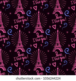 Seamless pattern. Modern Bright design. Paris I love you. Illustration ink Eiffel Tower. Hand-drawing. Vector isolated on black background.