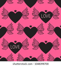 Seamless pattern. Modern Bright  design for kids girls. Abstract hearts  with wings black symbol. Vector illustration is isolated on a pink background.