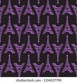Seamless pattern. Modern Bright design print fabric. Illustration purple ink Eiffel Tower. Abstract ornament hand drawing. Vector illustration is isolated on a black background.