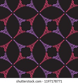 Seamless pattern. Modern Bright design print fabric. Illustration purple ink Eiffel Tower. Abstract ornament hand drawing. Vector illustration is isolated on a black background.