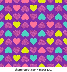 Seamless pattern. Modern Bright design for kids girls. Abstract hearts hand drawing. Vector illustration is isolated on a purple background.