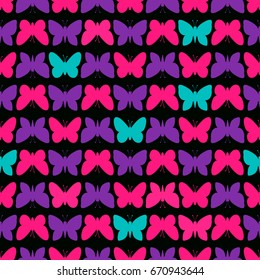 Seamless pattern. Modern Bright  design for kids girls. Butterfly silhouette. Vector illustration is isolated on a black background.