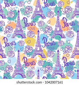 Seamless pattern. Modern Bright Paris design for girls. Vector illustration is isolated on a white background. Illustration purple ink Eiffel Tower.