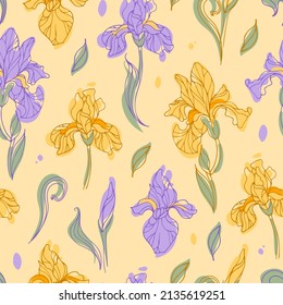 Flores modernas de iris amarillo intenso y violeta que no dejan indiferente. Ilustración vectorial de estilo cálido botánico para papel pintado, impresión en tela, envoltura