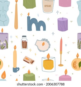Seamless pattern of modern burning candles with candlesticks and in jars or cups. 