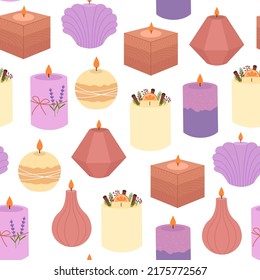Seamless pattern with modern burning trendy candles. Decorative wax aromatic candles,  home aromatherapy, interior decoration. Vector background.