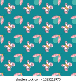 Seamless pattern of modern butterflies and ladybugs on a green background. Great for textile print, invitations, or packaging. Vector file.