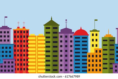 Seamless pattern of modern city with skyscrapers. Cityscape with tall buildings. Urban landscape. EPS10 vector illustration in flat style.