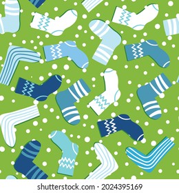 Seamless pattern with modern colorful socks. Trendy accessories in doodle style. Various cotton foot cloth. Cartoon socks for web and print, for invitation, card, fabric, textile. Vector illustration.