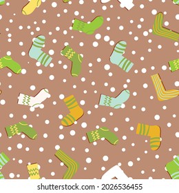 Seamless pattern with modern colorful socks. Trendy accessories in doodle style. Various cotton foot cloth. Cartoon socks for web and print, for invitation, card, fabric, textile. Vector illustration.