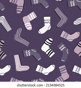 Seamless pattern with modern colorful socks. Trendy accessories in doodle style. Various cotton foot cloth. Cartoon socks for web and print, for invitation, card, fabric, textile. Vector illustration.