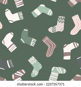 Seamless pattern with modern colorful socks. Trendy accessories in doodle style. Various cotton foot cloth. Cartoon socks for web and print, for invitation, card, fabric, textile. Vector illustration.
