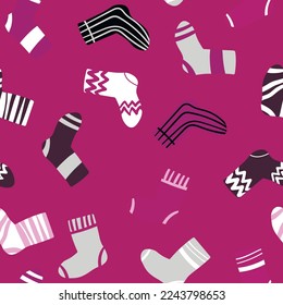 Seamless pattern with modern colorful socks. Trendy accessories in doodle style. Various cotton foot cloth. Cartoon socks for web and print, for invitation, card, fabric, textile. Vector illustration.