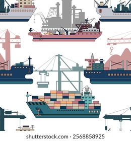 Seamless pattern with modern commercial ships and silhouettes of cargo port cranes against white background. Trade, business, import, export, logistics concept. Line art cartoon illustration