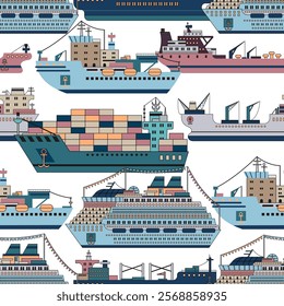 Seamless pattern with modern commercial ships - bulker, containership, tanker, icebreaker against white background. Trade, business, import, export, logistics concept. Line art cartoon illustration