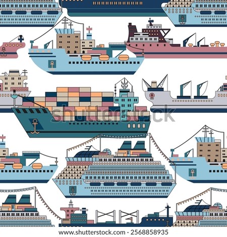 Seamless pattern with modern commercial ships - bulker, containership, tanker, icebreaker against white background. Trade, business, import, export, logistics concept. Line art cartoon illustration