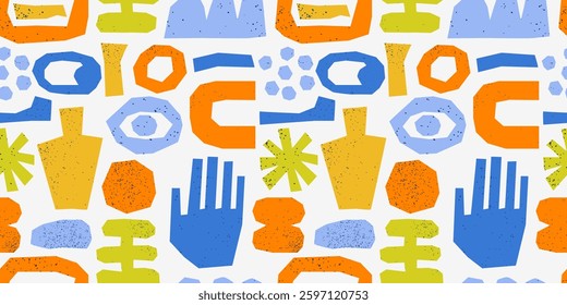 Seamless pattern with modern cut out abstract shapes in fresh pastel colors. Abstract modern background, colorful patter. 