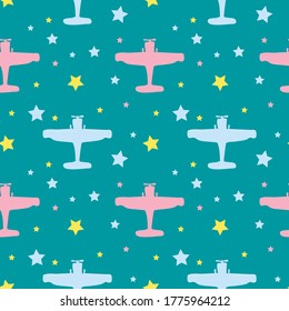 
Seamless pattern. Modern design. Bright colours. Colorful airplanes, stars. Bright background, baby fabric, colorful illustration