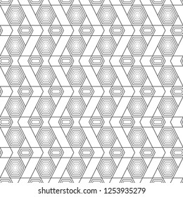 Seamless pattern. Modern elegant geometrical texture. Regularly repeating linear hexagons, zigzag shapes, triangles. Outline. Contour. Thin line. Vector element of graphical design