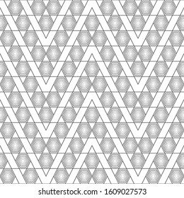 Seamless pattern. Modern elegant geometrical texture. Regularly repeating zigzag shapes with striped hexagons, triangles. Outline. Contour. Thin line. Vector element of graphical design